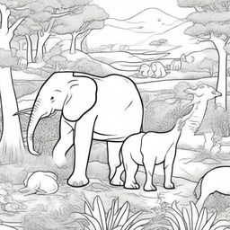 A detailed black and white illustration featuring a variety of animals in their natural habitats for a coloring book page