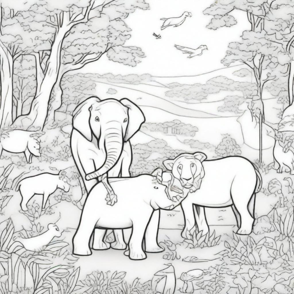 A detailed black and white illustration for a coloring book page, featuring a variety of animals in their natural habitats