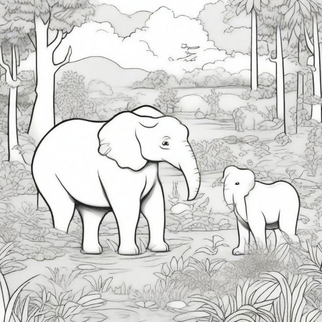 A detailed black and white illustration for a coloring book page, featuring a variety of animals in their natural habitats