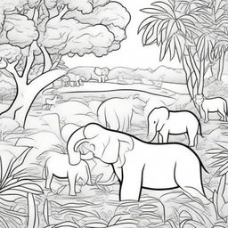 A detailed black and white illustration for a coloring book page, featuring a variety of animals in their natural habitats