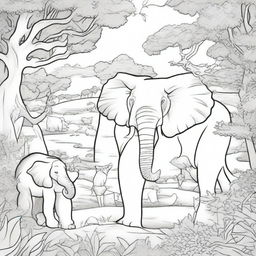 A detailed black and white illustration for a coloring book page, featuring a variety of animals in their natural habitats