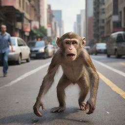 A photo-realistic, high-definition image of a curious monkey innocently striding into a bustling city, while perplexed and frightened city dwellers scatter in its path.