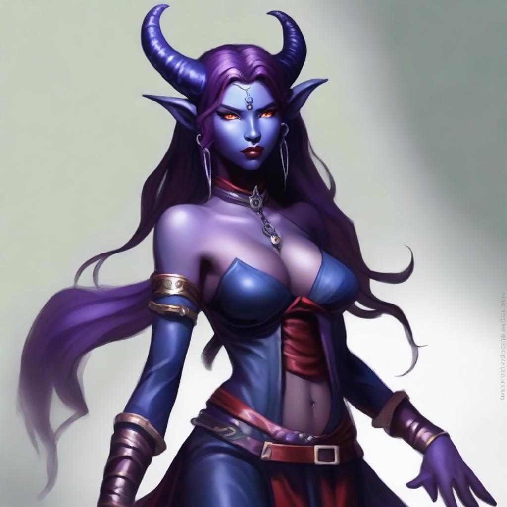 A young female tiefling sorceress with deep purple skin and flowing red-black hair