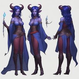 A young female tiefling sorceress with deep purple skin and flowing red-black hair