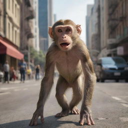 A photo-realistic, high-definition image of a curious monkey innocently striding into a bustling city, while perplexed and frightened city dwellers scatter in its path.