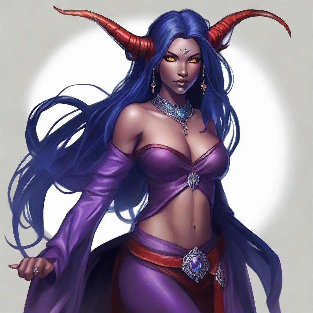 A young female tiefling sorceress with deep purple skin and flowing red-black hair