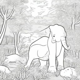 A detailed black and white illustration for a coloring book page featuring a variety of animals in their natural habitats