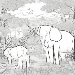 A detailed black and white illustration for a coloring book page featuring a variety of animals in their natural habitats