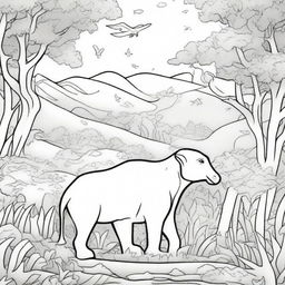 A detailed black and white illustration for a coloring book page featuring a variety of animals in their natural habitats