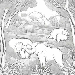 A detailed black and white illustration for a coloring book page featuring a variety of animals in their natural habitats