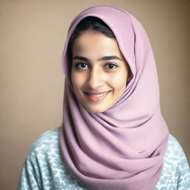 A young, 20-year-old woman wearing a jilbab, appearing fresh and relaxed after a bath