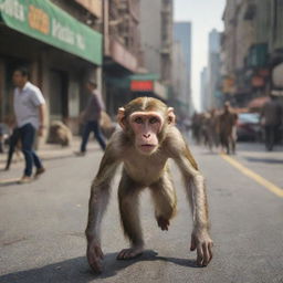 A photo-realistic, high-definition image of a curious monkey innocently striding into a bustling city, while perplexed and frightened city dwellers scatter in its path.