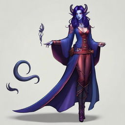 A young female tiefling sorceress with deep purple skin and flowing red-black hair