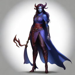 A young female tiefling sorceress with deep purple skin and flowing red-black hair