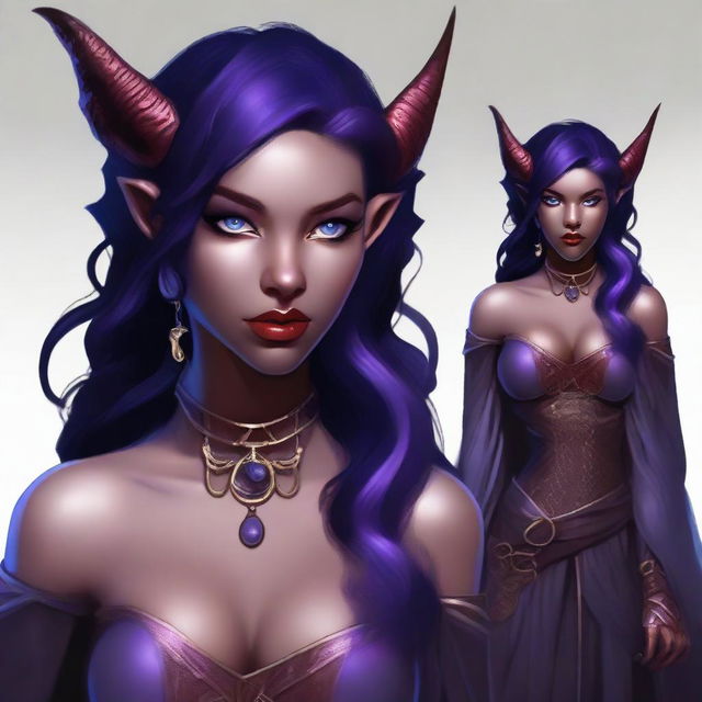 A young female tiefling sorceress with deep purple skin and flowing red-black hair