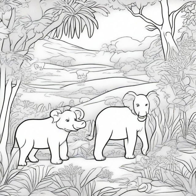 A detailed black and white illustration for a coloring book page, featuring a variety of animals in their natural habitats