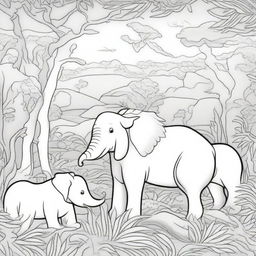 A detailed black and white illustration for a coloring book page, featuring a variety of animals in their natural habitats