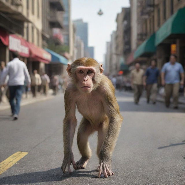 A photo-realistic, high-definition image of a curious monkey innocently striding into a bustling city, while perplexed and frightened city dwellers scatter in its path.