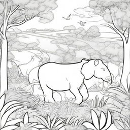 A detailed black and white illustration for a coloring book page, featuring a variety of animals in their natural habitats