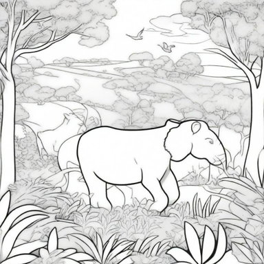 A detailed black and white illustration for a coloring book page, featuring a variety of animals in their natural habitats