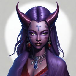 A young female tiefling sorceress with deep purple skin and flowing red-black hair