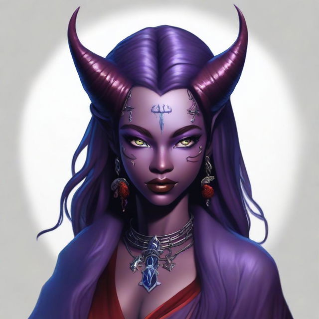 A young female tiefling sorceress with deep purple skin and flowing red-black hair