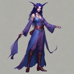 A young female tiefling sorceress with deep purple skin and flowing red-black hair