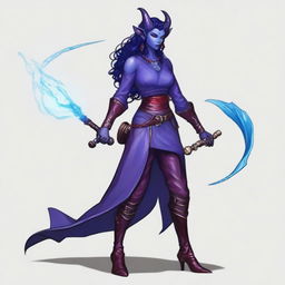 A young female tiefling sorceress with deep purple skin and flowing red-black hair