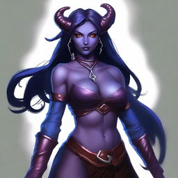 A young female tiefling sorceress with deep purple skin and flowing red-black hair