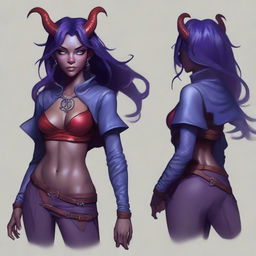 A young female tiefling sorceress with deep purple skin and flowing red-black hair