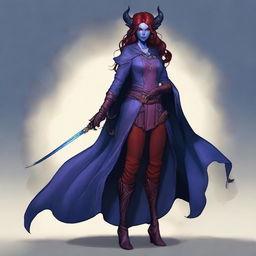 A young female tiefling sorceress with deep purple skin and flowing red-black hair