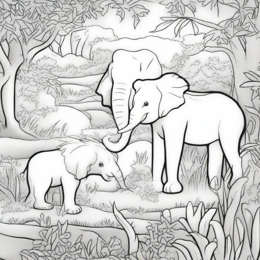 A detailed black and white coloring page featuring a variety of animals in their natural habitats