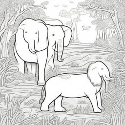 A detailed black and white coloring page featuring a variety of animals in their natural habitats