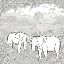 A detailed black and white coloring page featuring a variety of animals in their natural habitats