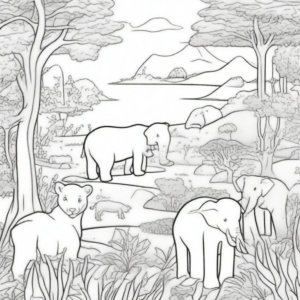 A detailed black and white coloring page featuring a variety of animals in their natural habitats