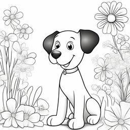 A detailed black and white illustration for a coloring book page, featuring a cute and playful dog in an outdoor setting