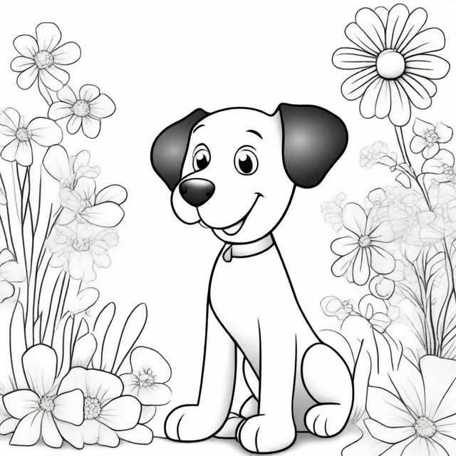 A detailed black and white illustration for a coloring book page, featuring a cute and playful dog in an outdoor setting