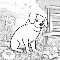 A detailed black and white illustration for a coloring book page, featuring a cute and playful dog in an outdoor setting