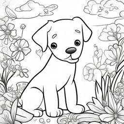 A detailed black and white illustration for a coloring book page, featuring a cute and playful dog in an outdoor setting