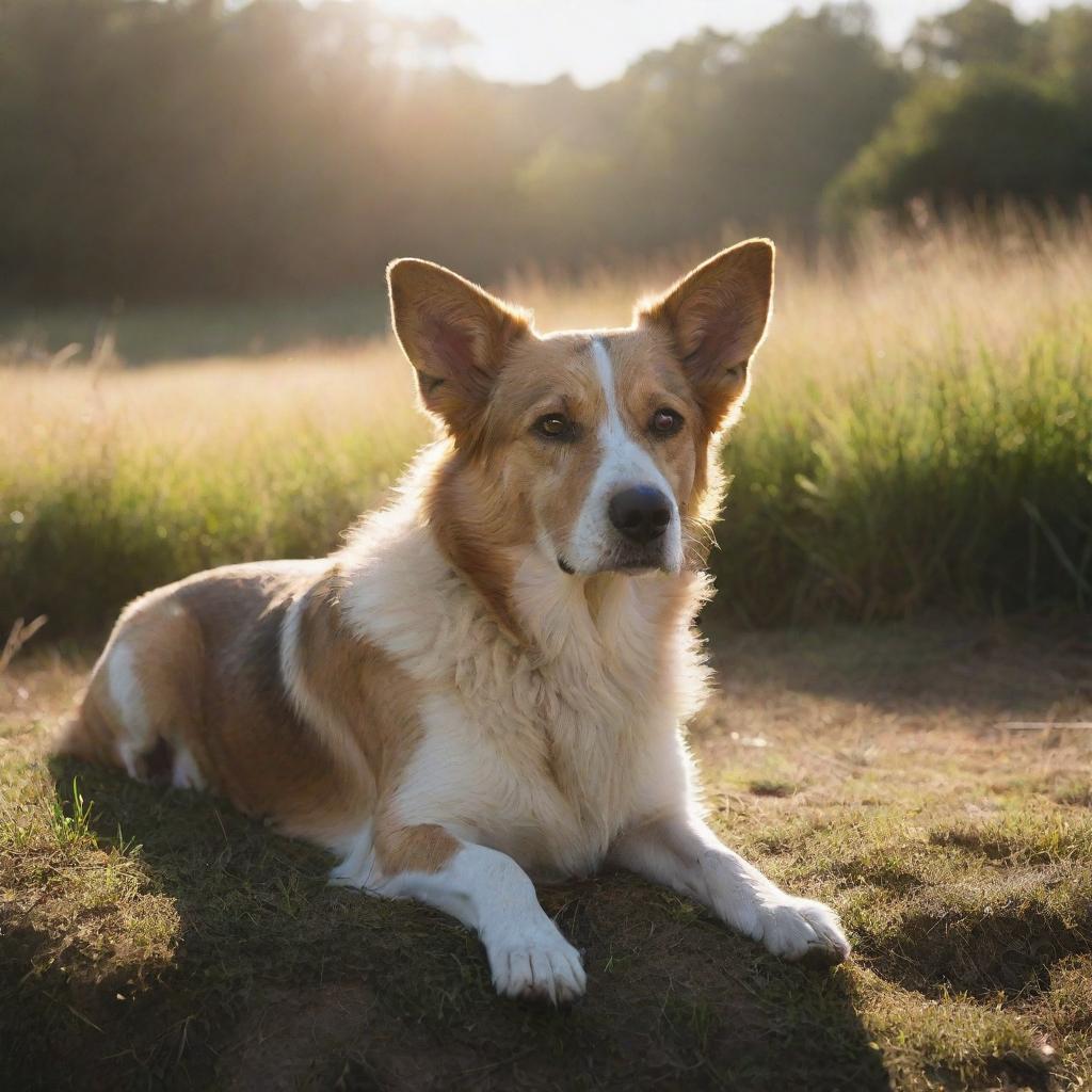 A photorealistic, mystical dog nestled in a serene natural landscape, bathed in the morning sunlight