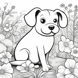 A detailed black and white illustration for a coloring book page, featuring a cute and playful dog in an outdoor setting