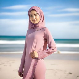 A young, 20-year-old woman wearing a jilbab, modeling swimwear