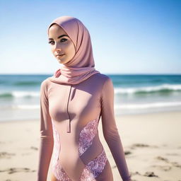 A young, 20-year-old woman wearing a jilbab, modeling swimwear