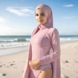 A young, 20-year-old woman wearing a jilbab, modeling swimwear