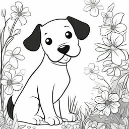 A detailed black and white coloring page featuring a cute and playful dog in an outdoor setting