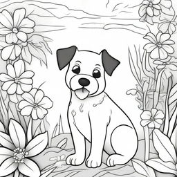 A detailed black and white coloring page featuring a cute and playful dog in an outdoor setting