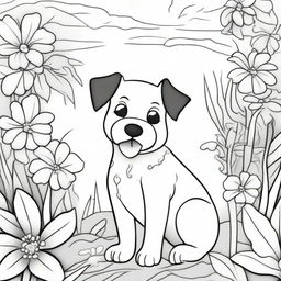 A detailed black and white coloring page featuring a cute and playful dog in an outdoor setting