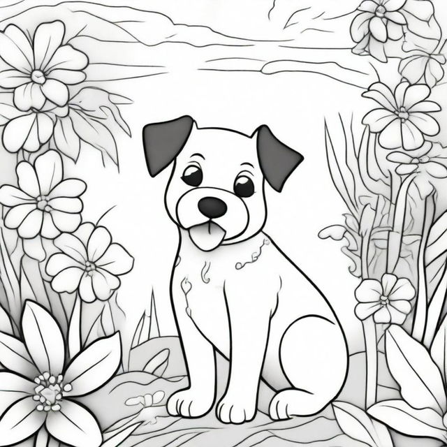 A detailed black and white coloring page featuring a cute and playful dog in an outdoor setting