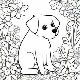 A detailed black and white coloring page featuring a cute and playful dog in an outdoor setting