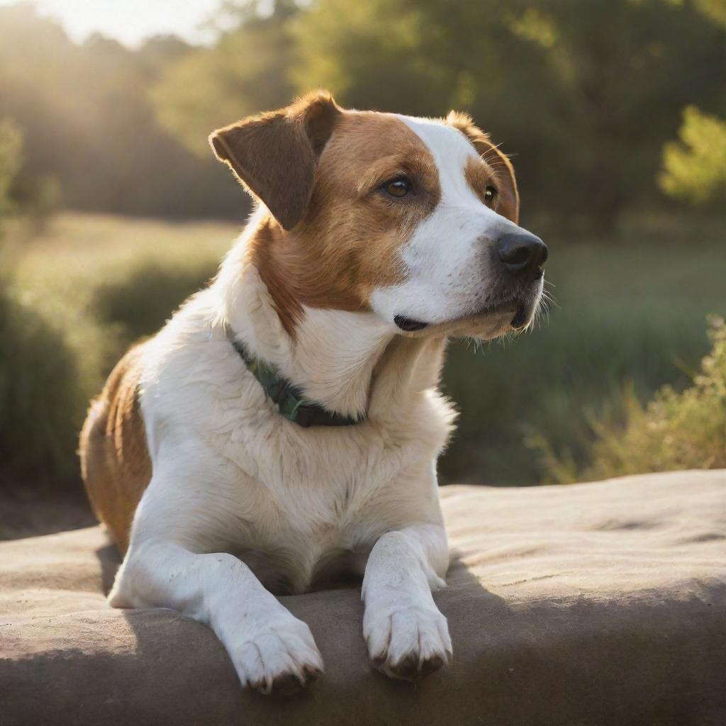 A photorealistic, mystical dog nestled in a serene natural landscape, bathed in the morning sunlight